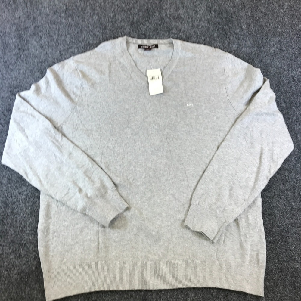 Michael Kors Sweater Mens XL Heather Gray Logo Cotton Tight Knit V-Neck Pullover